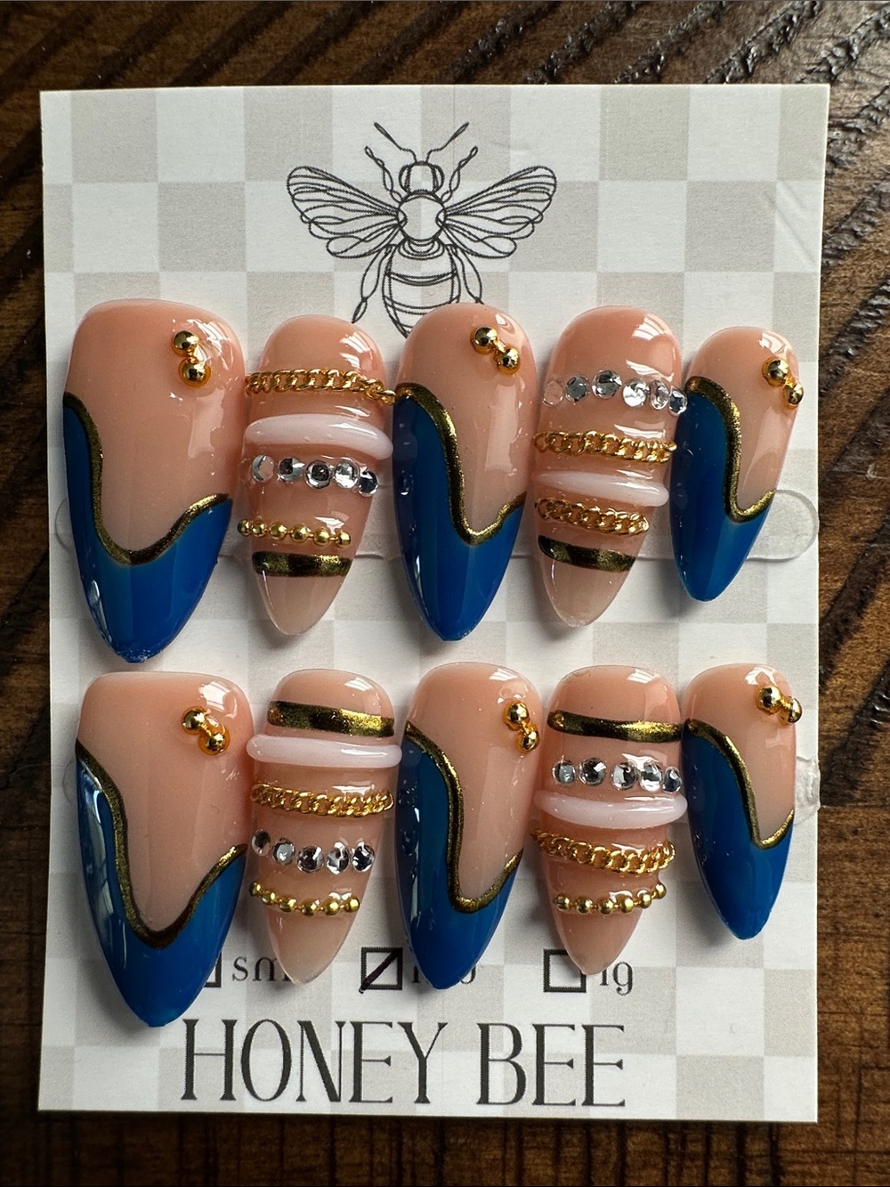 Nude Pink & Royal Blue Rhinestone and Chain Press-On Nails